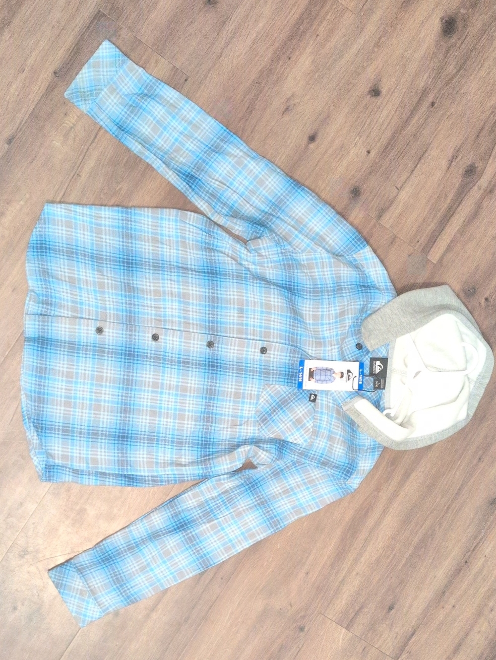 Quiksilver Blue and Gray Hooded Flannel Shirt